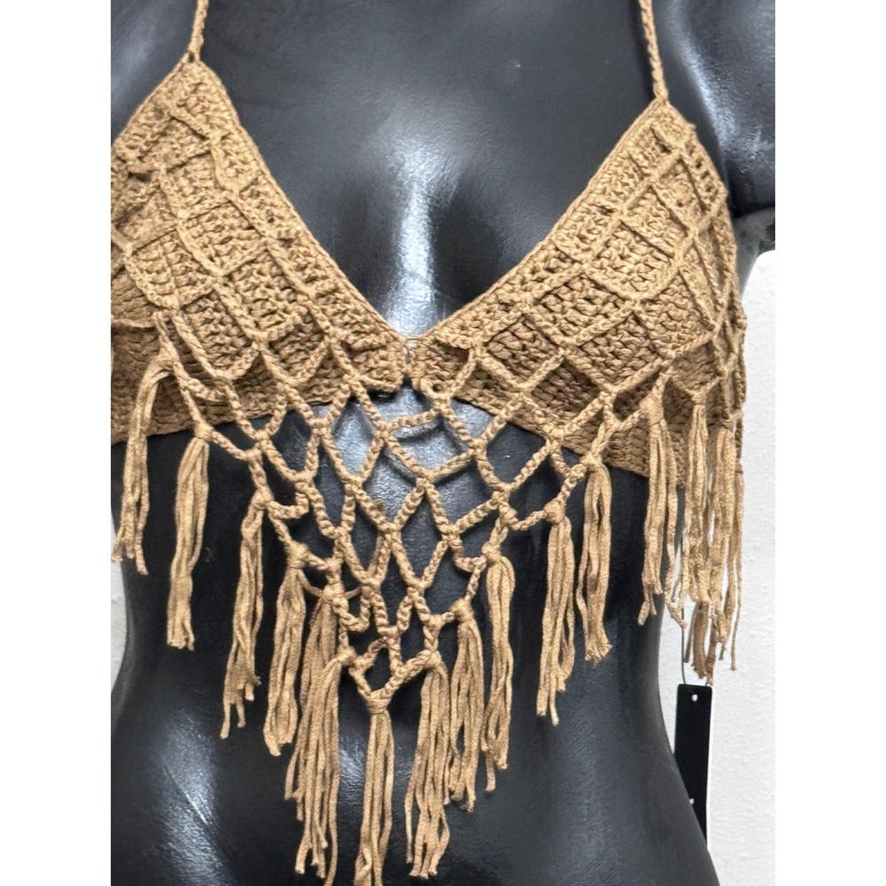 Fashion Nova Palm Springs Crochet Fringe Halter Bikini Top Brown Sz M/L Boho NWT - Picture 3 of 6